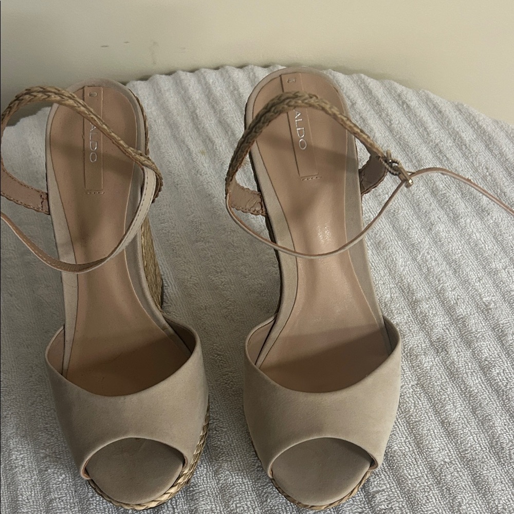 Aldo Beige Peep-Toe Wedges